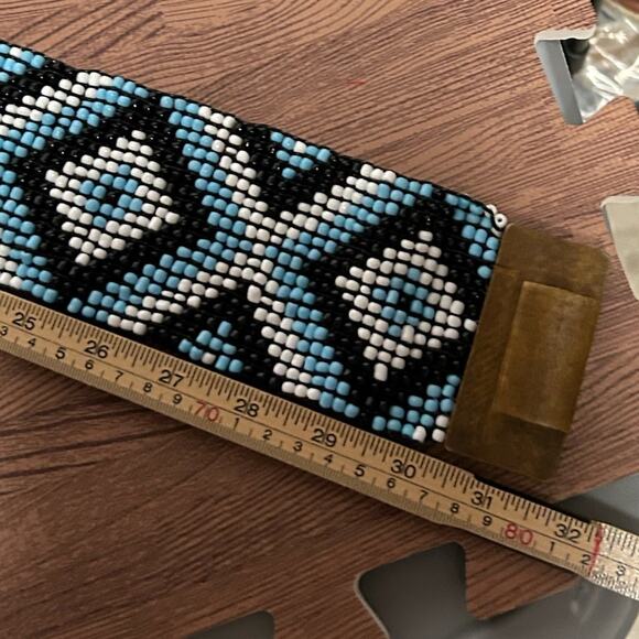 Vintage Boho Beaded Belt Wooden Buckle Wide Tribal Southwestern Stretch One Size main image 7